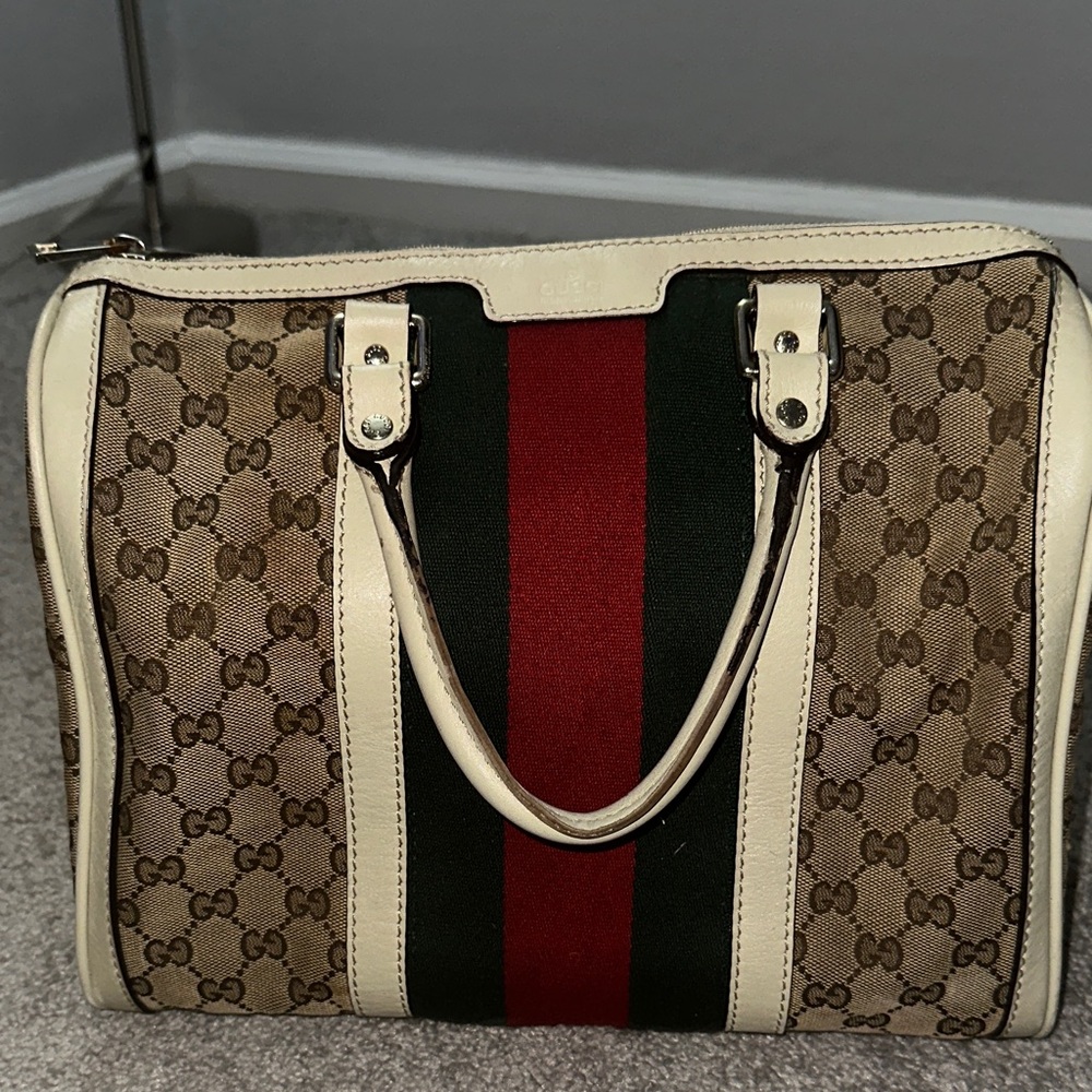 Gucci Beige and Green Satchel with Red Stripe